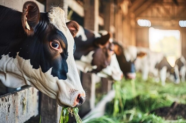 Photo des vaches laitières en bonne santé se tiennent dans une rangée d'écurie et se nourrissent de fourrage dans une grange d'une ferme bovine.