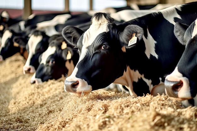 Des vaches mangeant du foin dans une ferme en gros plan
