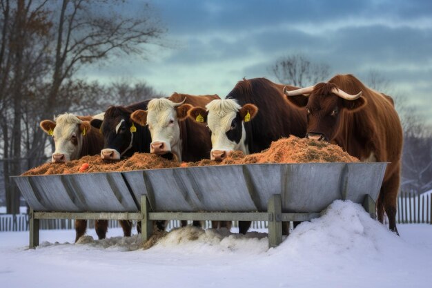 Des vaches mangeant du foin dans une goutte couverte de neige créée avec de l'aï génératif