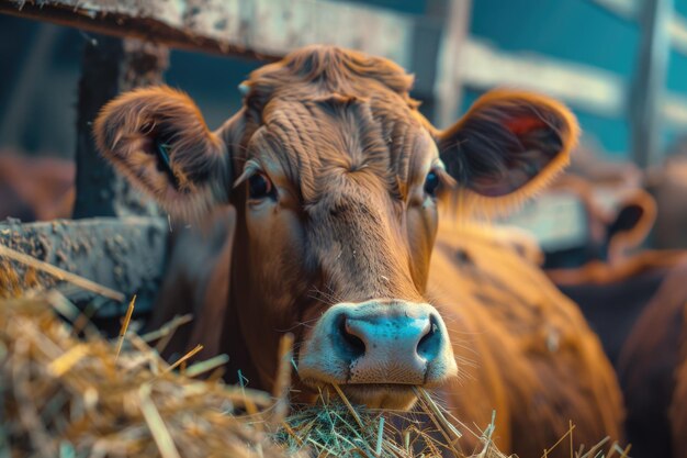 Des vaches mangeant du foin dans une grange d'élevage laitier