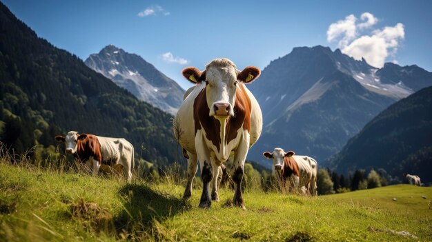 Des vaches de montagne paissent dans un pâturage ouvert avec un paysage à couper le souffle en arrière-plan
