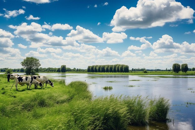 Photo des vaches néerlandaises paissent dans un champ couvert de verdure sous un ciel nuageux bleu