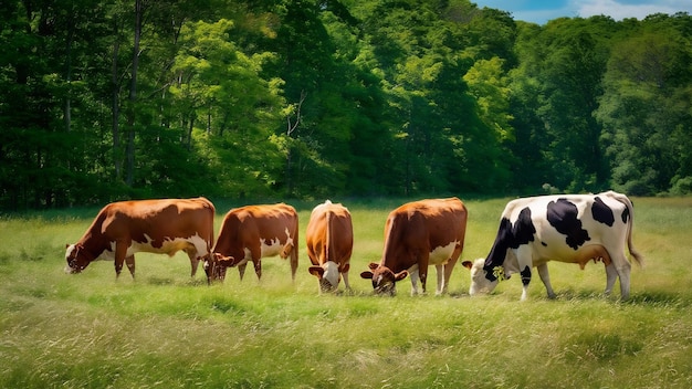 Des vaches paissent dans un champ herbeux entouré de beaux arbres verts pendant la journée