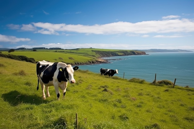 Photo les vaches paissent sur une pelouse sur une falaise près de la mer.