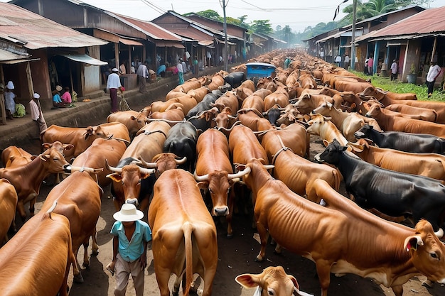 Photo vaches porteurs ou sapi bovins au marché des animaux en préparation de l'aïd al-adha