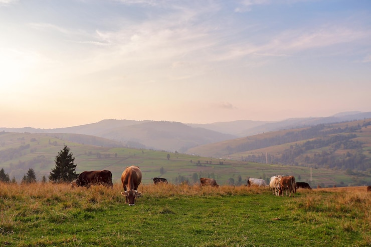 Photo des vaches qui paissent sur une colline