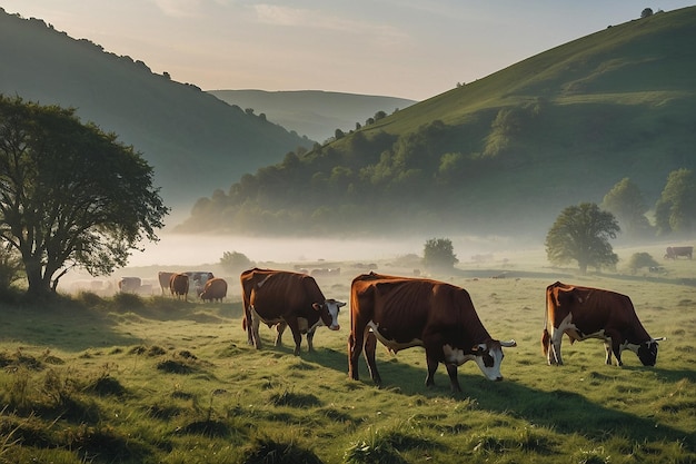 Photo vaches qui paissent dans un champ avec du brouillard en arrière-plan