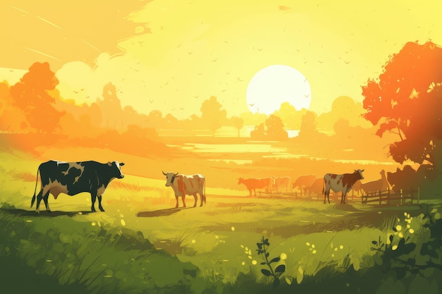 Vaches qui paissent dans une ferme avec la lumière du soleil illustration de paysage de ferme avec ai générative