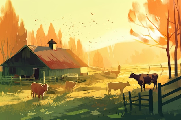 Vaches qui paissent dans une ferme avec la lumière du soleil illustration de paysage de ferme avec ai générative