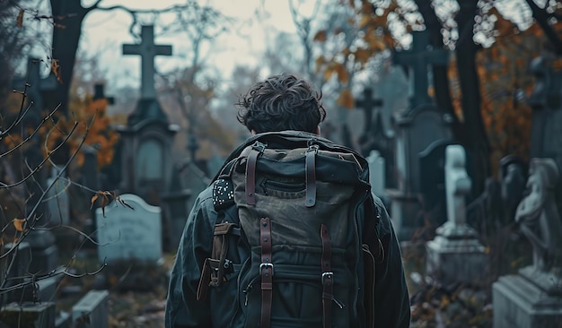 Un vagabond solennel explore un cimetière d'automne