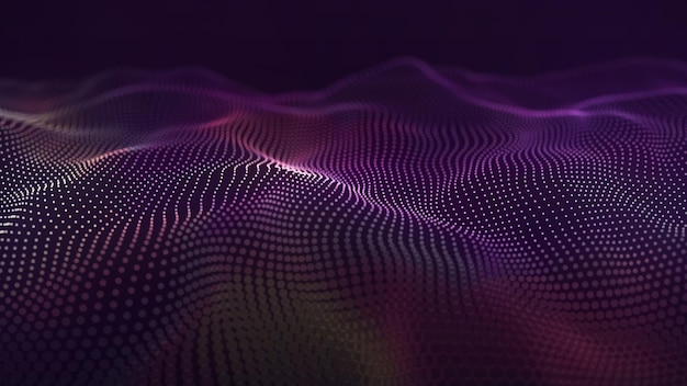 Vague 3D abstraite brillante de particules Le concept de la technologie Fond sombre futuriste Visualisation du rendu 3d de données volumineuses