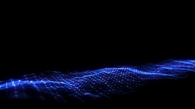 Vague abstraite avec lumière bleue sur fond noir Arrière-plan scientifique avec points en mouvement Technologie de connexion réseau Structure numérique avec particules Rendering 3D
