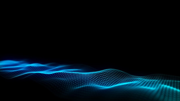 Vague abstraite avec lumière bleue sur fond noir Arrière-plan scientifique avec points en mouvement Technologie de connexion réseau Structure numérique avec particules Rendering 3D