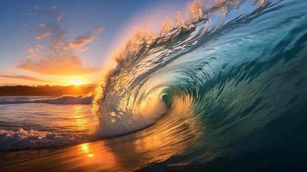 Photo vague au coucher du soleil sur le fond de la mer