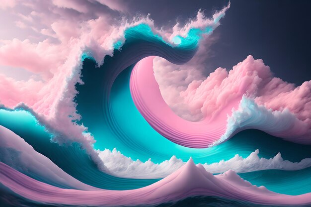 Une vague aux couleurs roses et bleues se trouve au milieu de l'image.