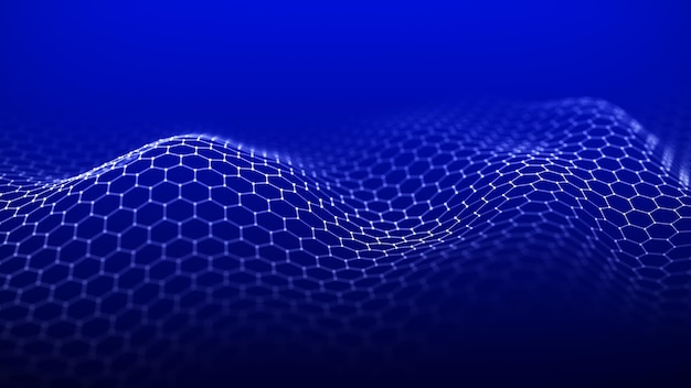 Vague blanche futuriste de grille hexagonale sur fond bleu Le concept de connexion au réseau de données volumineuses Cybernétique et intelligence artificielle rendu 3d