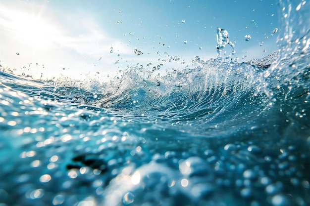 Photo vague bleue avec des éclaboussures et des gouttes d'eau sur le fond bleu du ciel