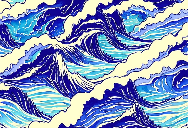 Une vague bleue avec les montagnes en arrière-plan.