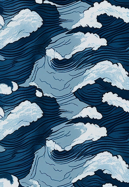 Une vague bleue avec des nuages blancs dessus.