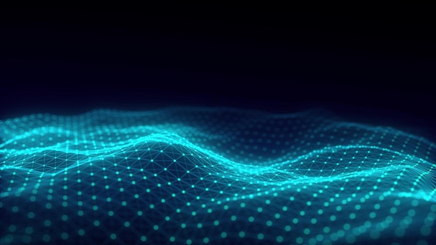 Vague bleue de particules et de lignes Visualisation de grandes données Arrière-plan abstrait avec un rendu 3D d'onde dynamique