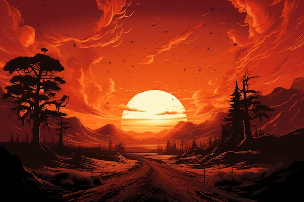 vague de chaleur fond de concept d'alerte rouge soleil brillant chaud sur illustration de couleur plate ciel orange