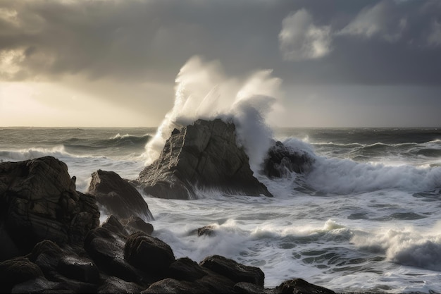 Photo vague déferlante se brisant contre un affleurement rocheux avec un ciel dramatique en arrière-plan