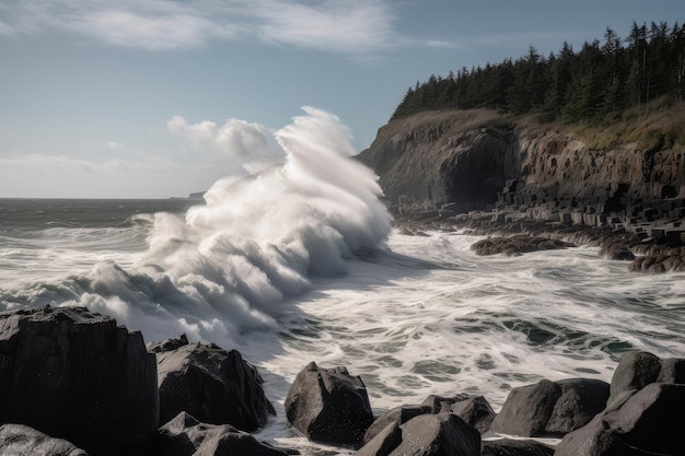 Vague déferlante se brisant sur la falaise avec un rivage rocheux en arrière-plan