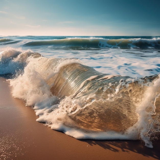 Photo une vague déferle sur la plage et le soleil se couche.