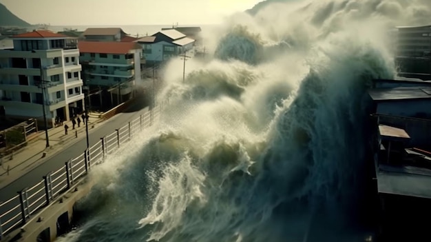 Photo la vague du tsunami s'abat sur les inondations d'une ville côtière