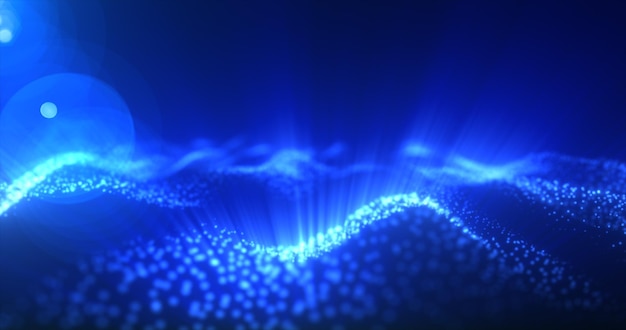 Vague d'énergie magique bleue brillante abstraite à partir de particules et de points brillants brillants sur un fond sombre