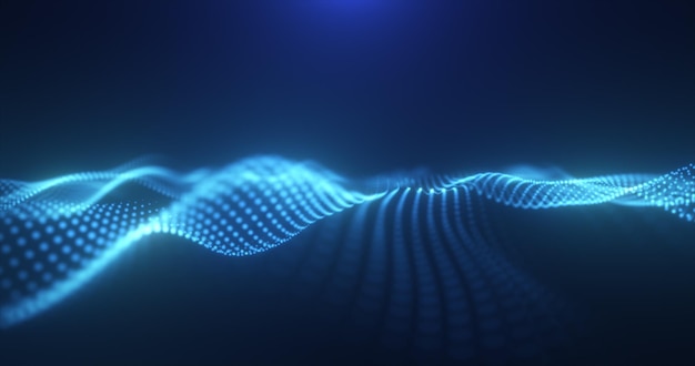Vague d'énergie magique bleue brillante abstraite à partir de particules et de points brillants brillants sur un fond sombre