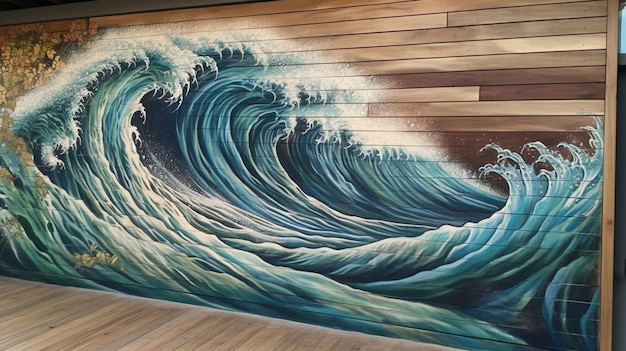 Une vague est peinte sur un mur avec un surfeur dessus.