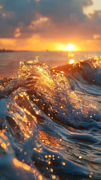 Photo une vague étincelante à l'heure d'or