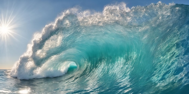 Vague géante de surf océanique par une journée ensoleillée. Illustration de paysage marin avec mer agitée, eau turquoise avec mousse blanche et éclaboussures, soleil et ciel bleu. IA générative
