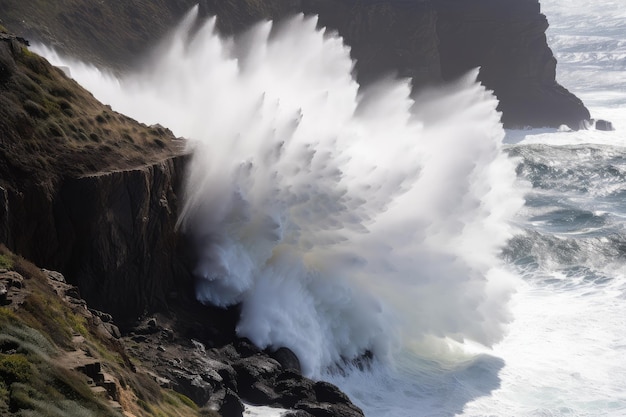 Vague massive s'écrasant sur la falaise avec des embruns volant dans les airs