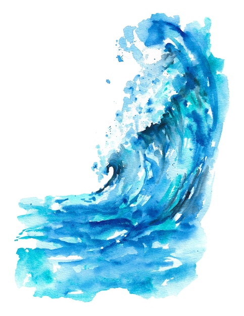 Vague de mer aquarelle Grande vague de mer bleue sur fond blanc