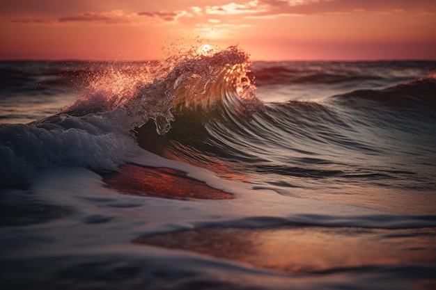 Vague de mer isolée capturée au coucher du soleil avec des teintes chaudes d'orange et de rose alors qu'elle s'écrase sur le rivage AI générative