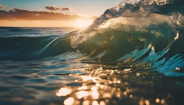 Vague de l'océan au coucher du soleil Vague d'océan bleu avec des rayons de soleil