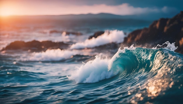 Vague de l'océan au coucher du soleil Vue rapprochée d'une belle vague de la mer