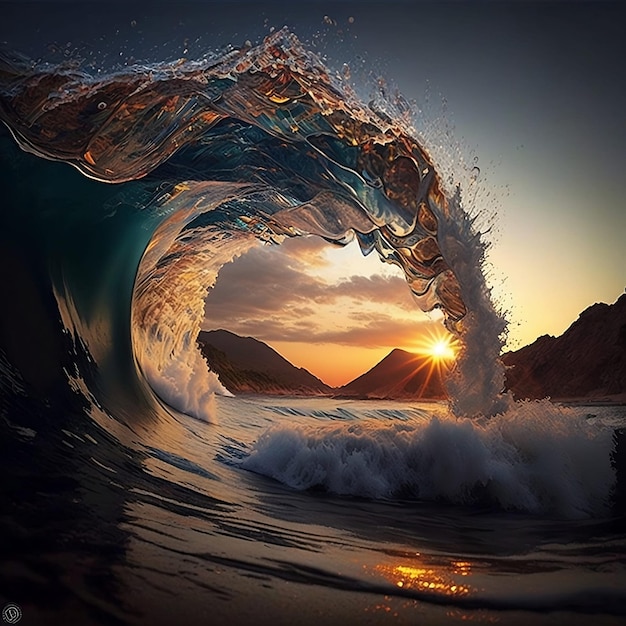 Vague océanique colorée Eau de mer en forme de crête Lumière du coucher du soleil et beaux nuages sur fond Art numérique