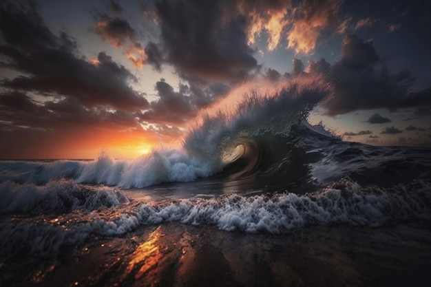 Vague océanique se brisant au coucher du soleil Superbe coucher de soleil sur la mer AI générative