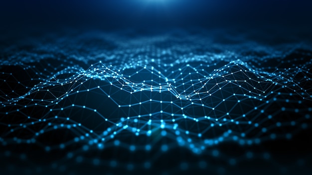 Vague de particules futuriste du cyberespace numérique s'écoulant avec une connexion de lignes et de points