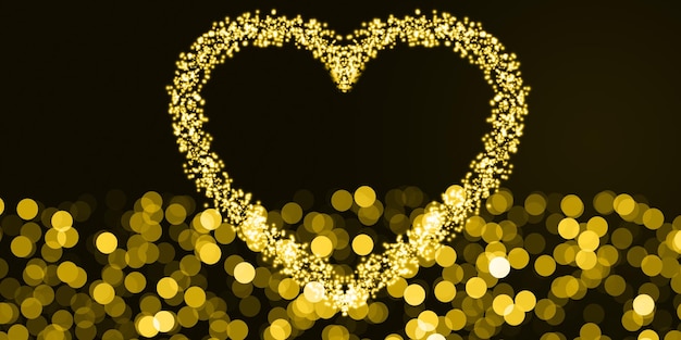 Photo vague de particules scintillantes de lueur dorée en forme de coeur et bokeh doré luxueux bg noir