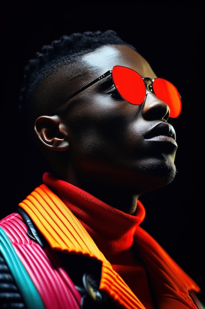 La vague rétro ou le portrait d'onde synthétisée d'un jeune homme africain sérieux et heureux au studio Modèle masculin de haute couture dans des néons lumineux colorés posant sur fond noir Concept de design artistique