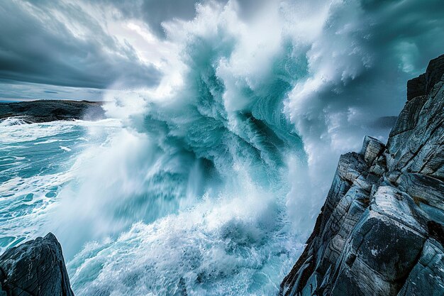 Photo une vague s'écrasant contre une falaise avec le mot dessus