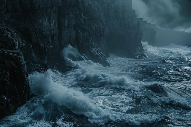 Photo une vague s'écrasant sur la face de la falaise avec un fond sombre