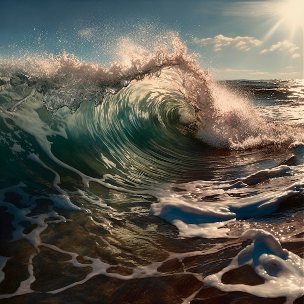 Une vague s'écrase sur la plage et le soleil brille.