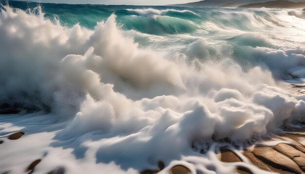 Photo une vague s'écrase sur un rivage rocheux