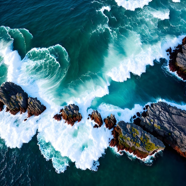 Une vague s'écrase sur les rochers et l'océan est visible.