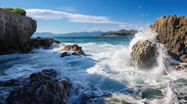 une vague se brisant sur un rivage rocheux avec l'océan en arrière-plan